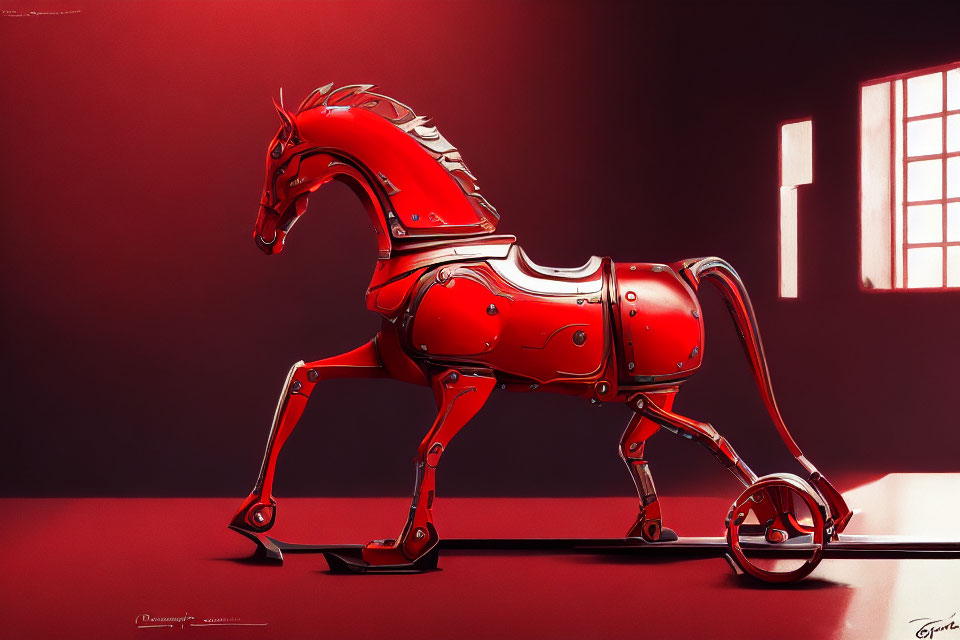 Red Mechanical Horse Sculpture on Monochromatic Background