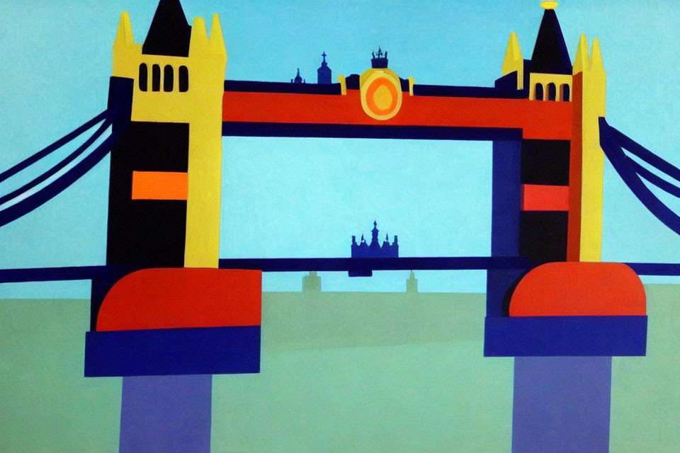 Colorful painting of a bridge with simplified shapes and vibrant blue and orange palette