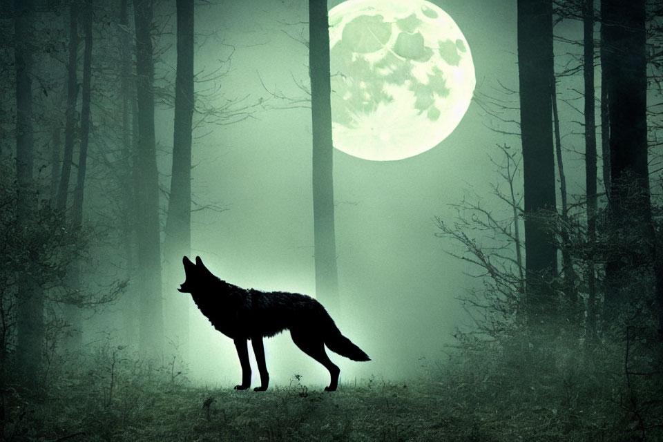 Silhouetted wolf in misty forest under full moon