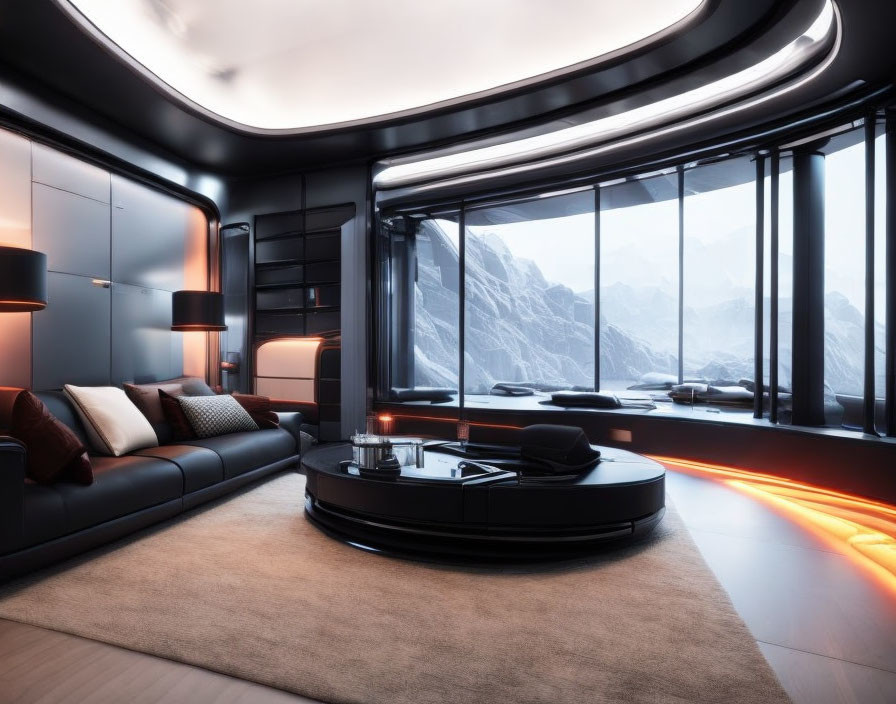 Sleek black futuristic interior with modern furniture and mountain view