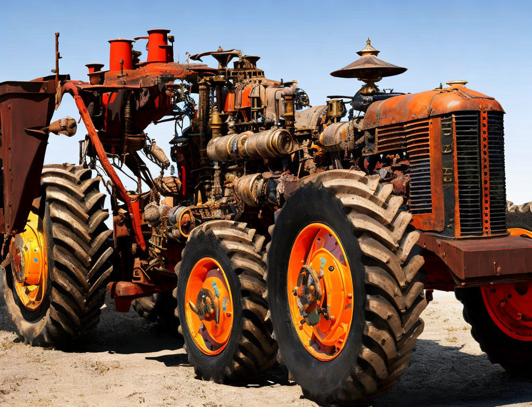 Vintage Orange Tractor with Large Rear Wheels and Exposed Engine