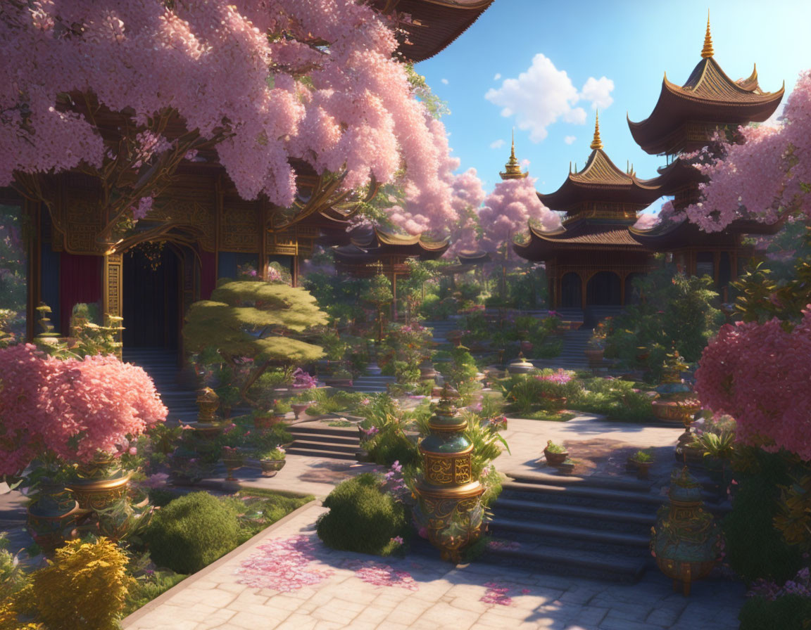 Tranquil garden with pink blossoms, golden pagodas, and ornate vases