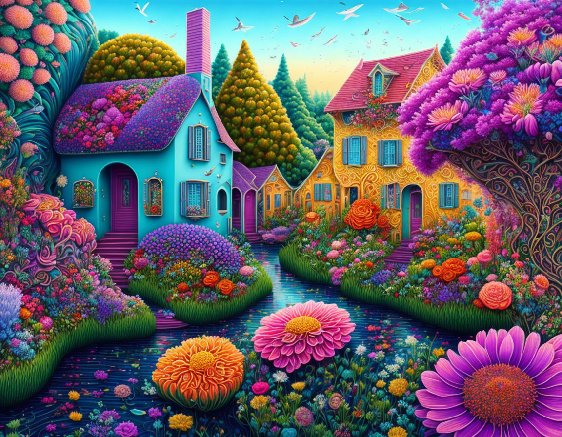 Fantasy landscape with colorful houses, lush gardens, river, and birds