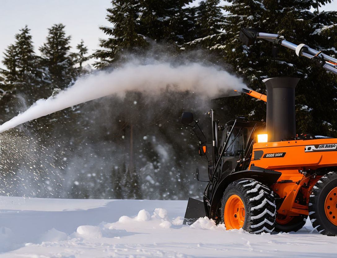 Powerful Orange Snow Blower Clearing Snow in Snowy Landscape