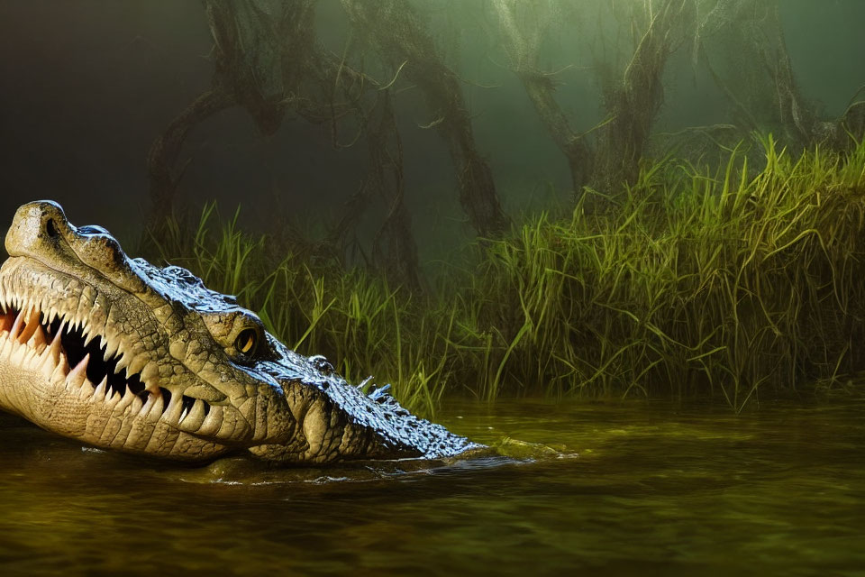 Crocodile with open jaws in murky waters under sunlight.