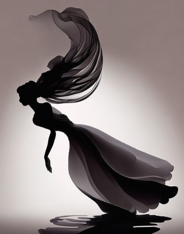 Graceful dancer silhouette against soft background with flowing dress.