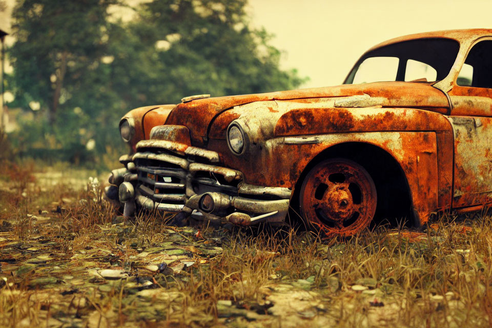 Rusted, Abandoned Car in Grassy Field