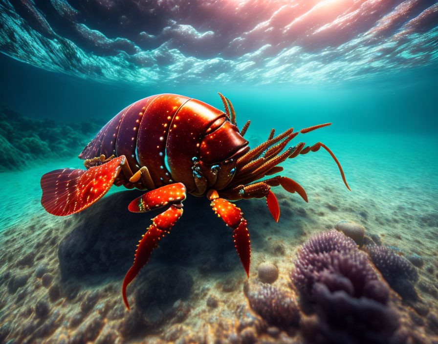 Colorful Hermit Crab with Striking Red Shell in Underwater Scene