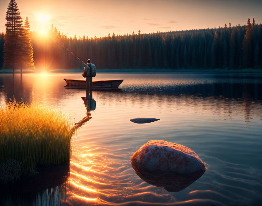 Tranquil sunset fishing scene on wooden dock with boat and forest view