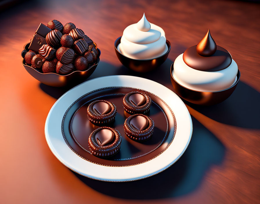 Chocolate Desserts: Truffles, Cups with Cream, and Cookies on Wooden Table