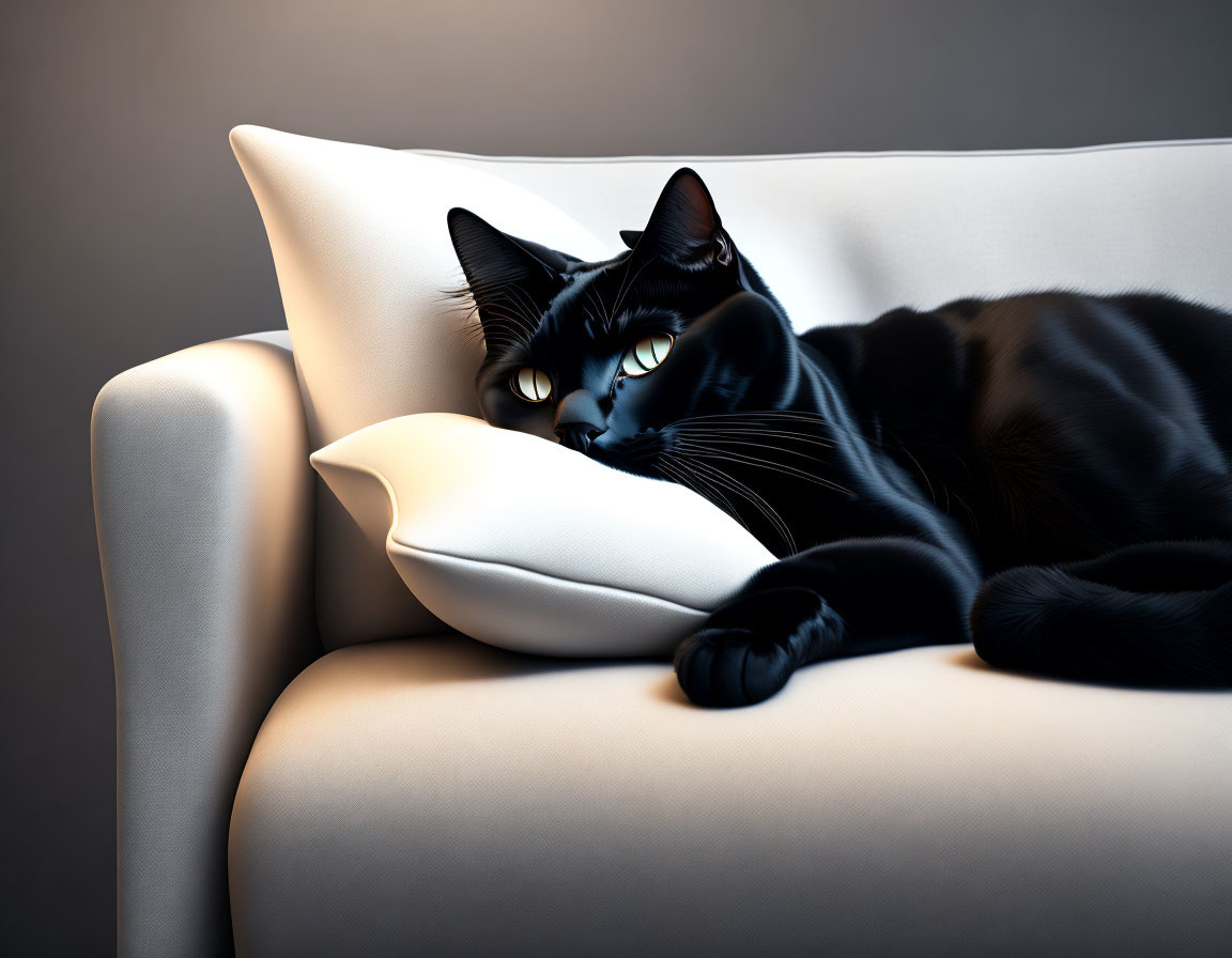 Black cat with green eyes lounging on white sofa