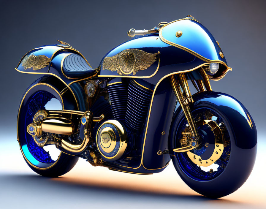 Vintage-Style Motorcycle with Metallic Blue Finish and Gold Accents