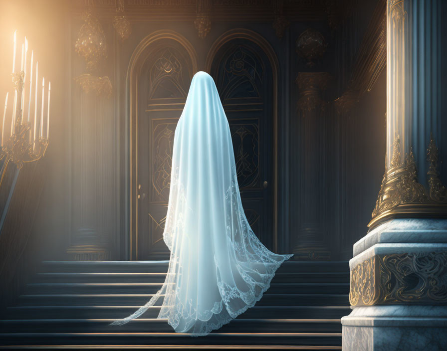 Ghostly white figure in sheet at base of ornate staircase surrounded by classical architecture