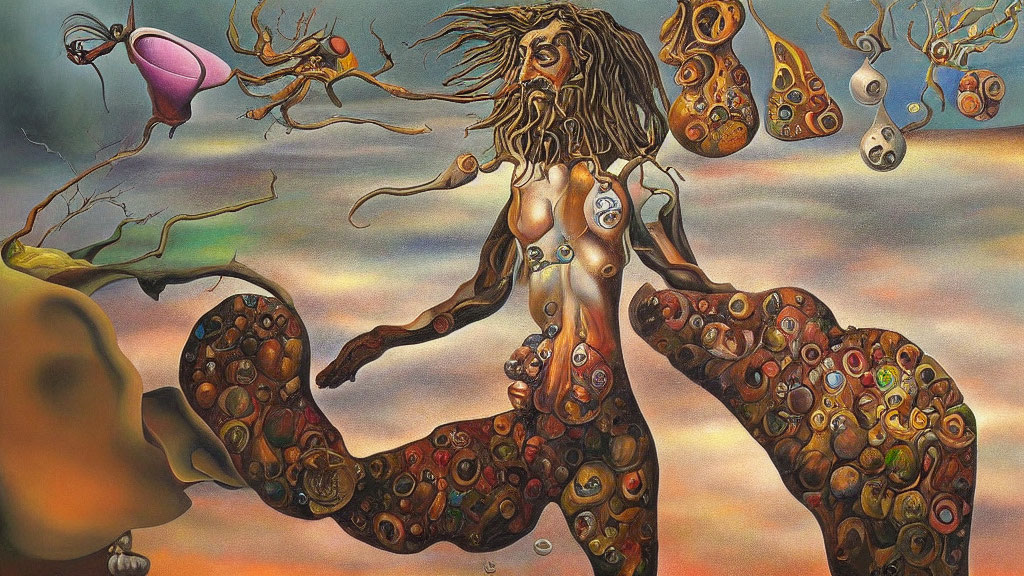 Surreal painting: Figure with branch hair, eyes on body, in dream-like landscape