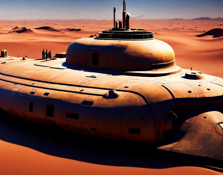 Futuristic building with dome and antennae in desert landscape with people nearby