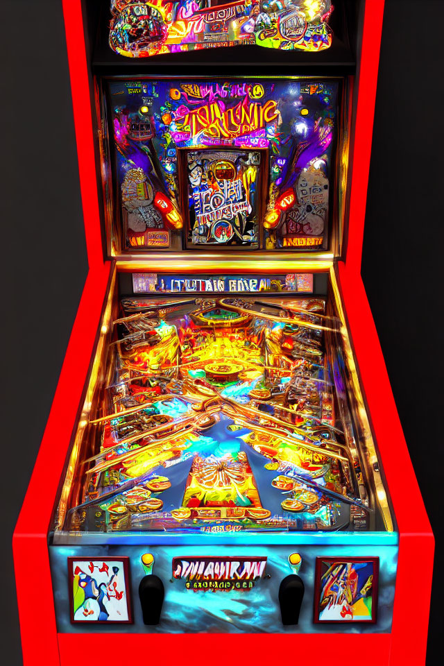 Colorful Medieval Fantasy Themed Pinball Machine in Dark Room