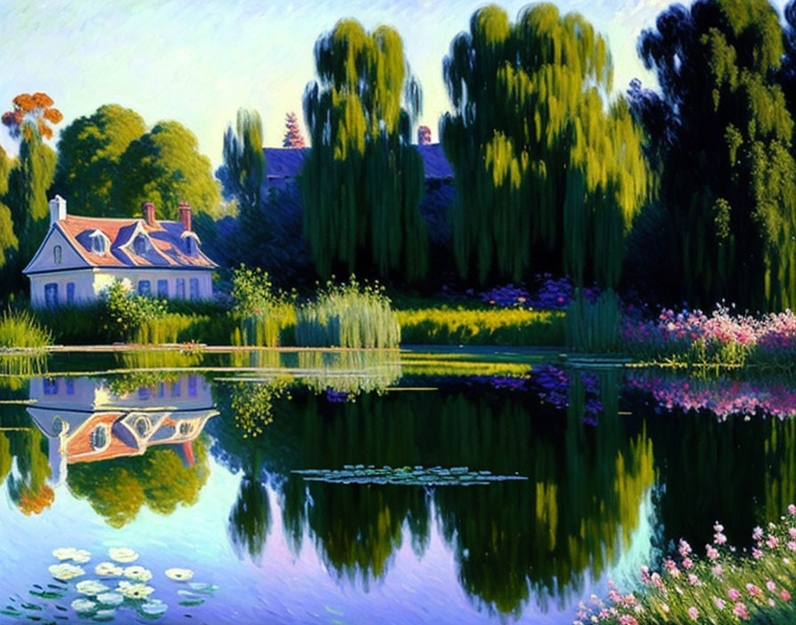 Tranquil Pond with Water Lilies and Purple Sky