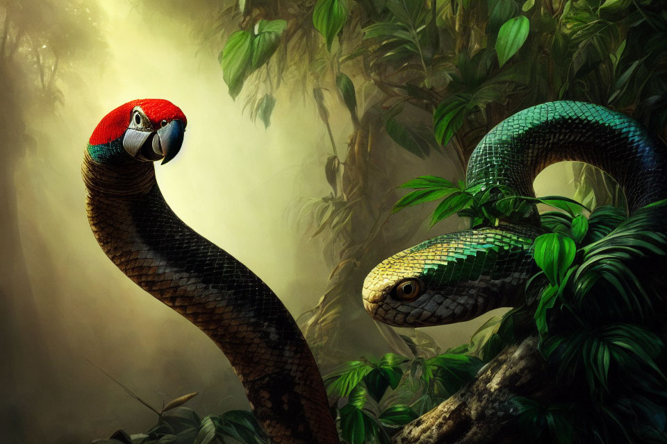 Stylized snakes in dense jungle: one with red-feathered head, one traditional.