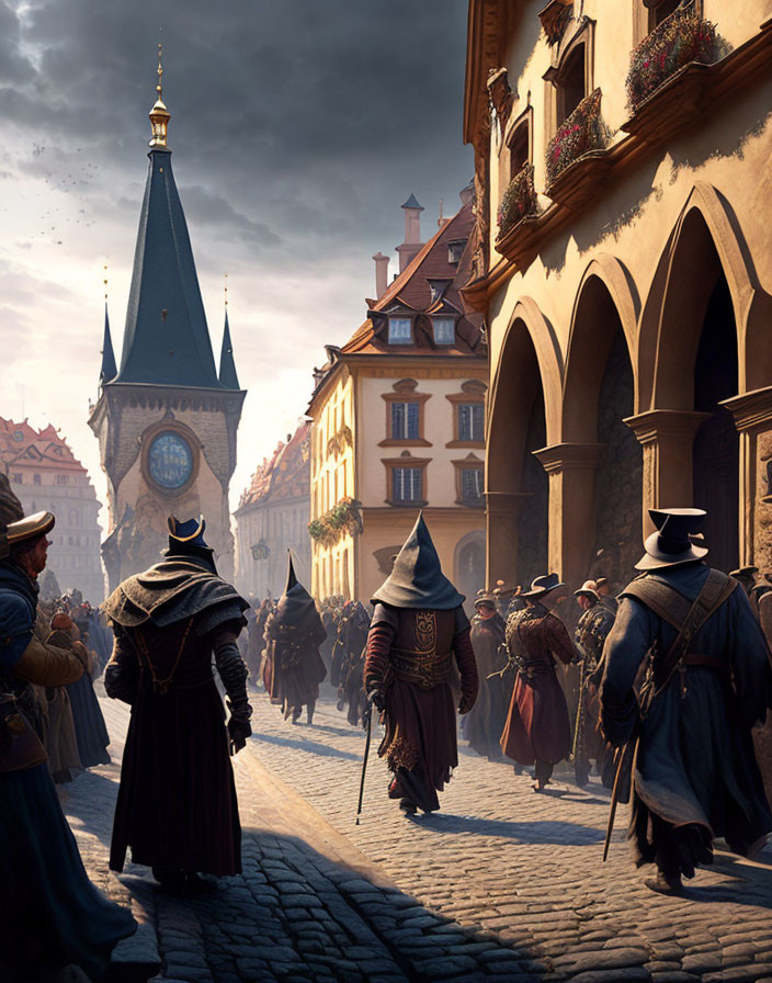 Medieval townsfolk in period attire walking towards clock tower on cobbled street.