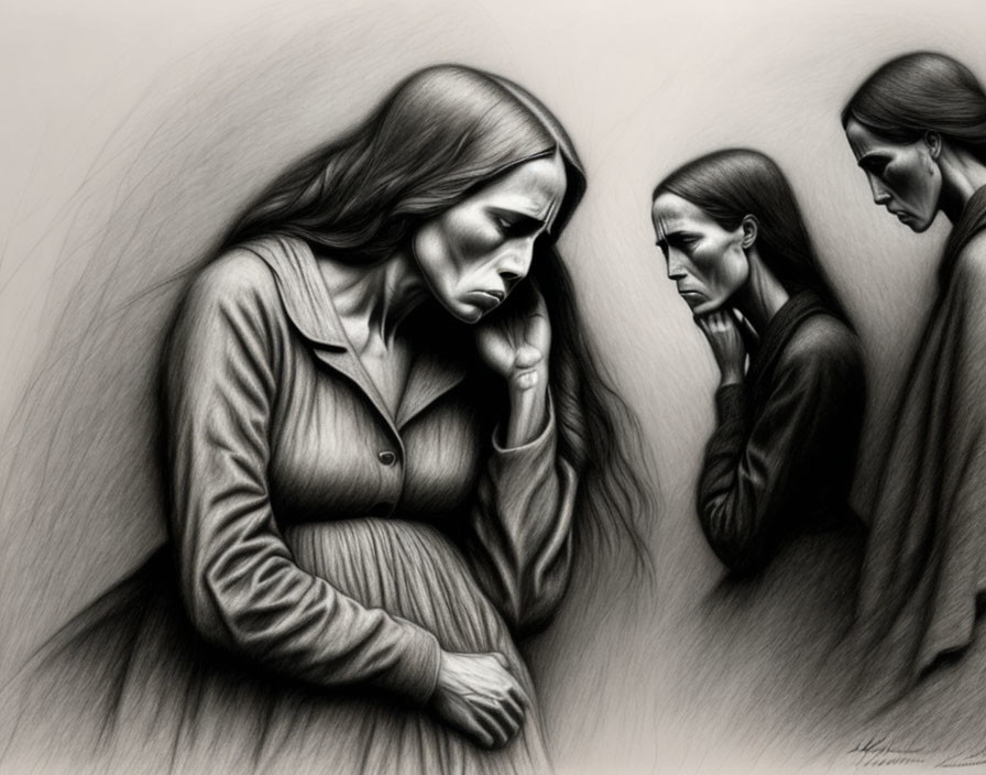 Distressed women in monochrome drawing convey emotional turmoil