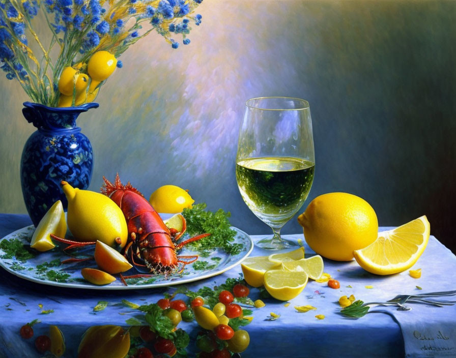 Classic Still Life Painting with Lobster, Lemons, Tomatoes, Wine, and Flowers