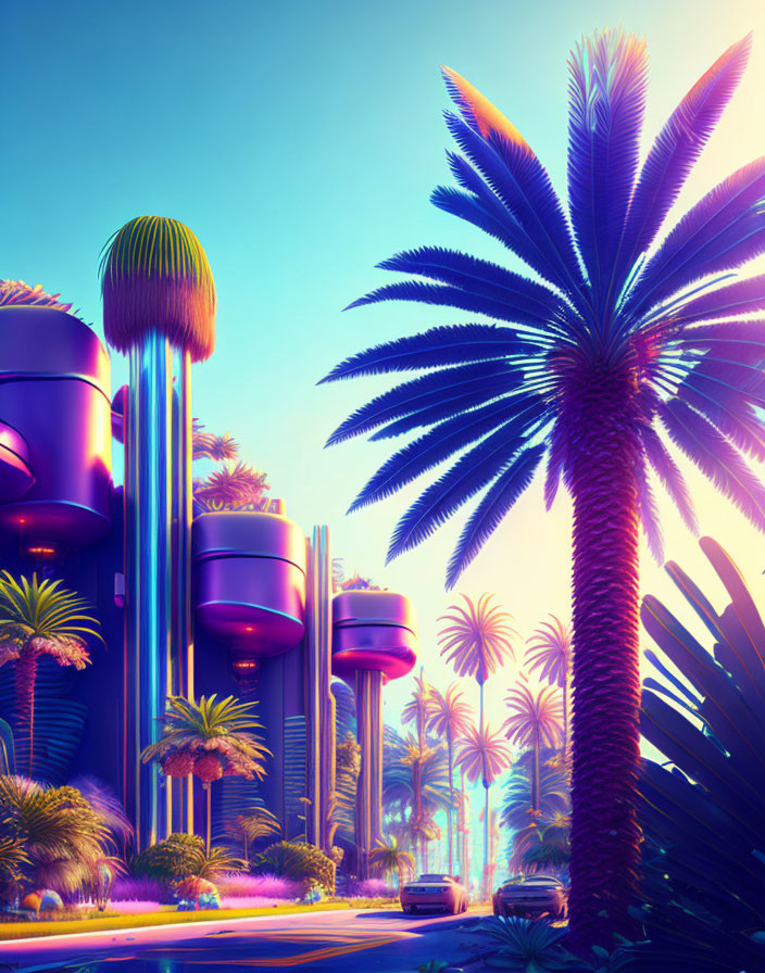 Colorful retro-futuristic cityscape with neon palms and stylized buildings against a pink and blue