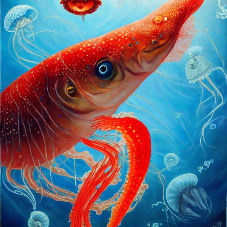 Surreal red fish with human-like eyes among jellyfish in oceanic scene