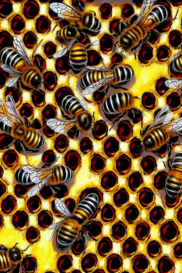 Detailed Illustration of Bees on Honeycomb with Golden Cells