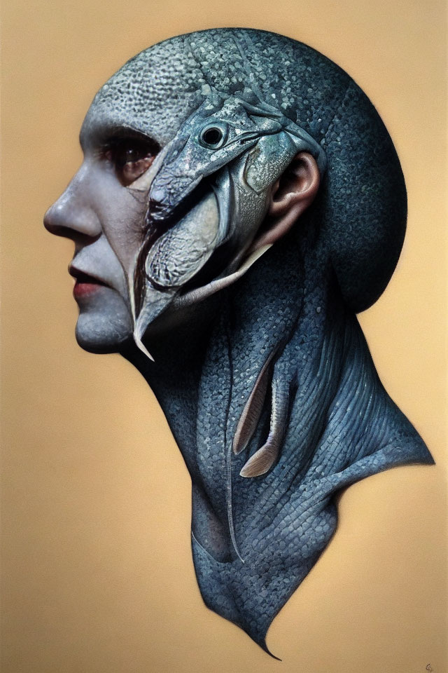 Surreal artwork: man's profile merged with fish features