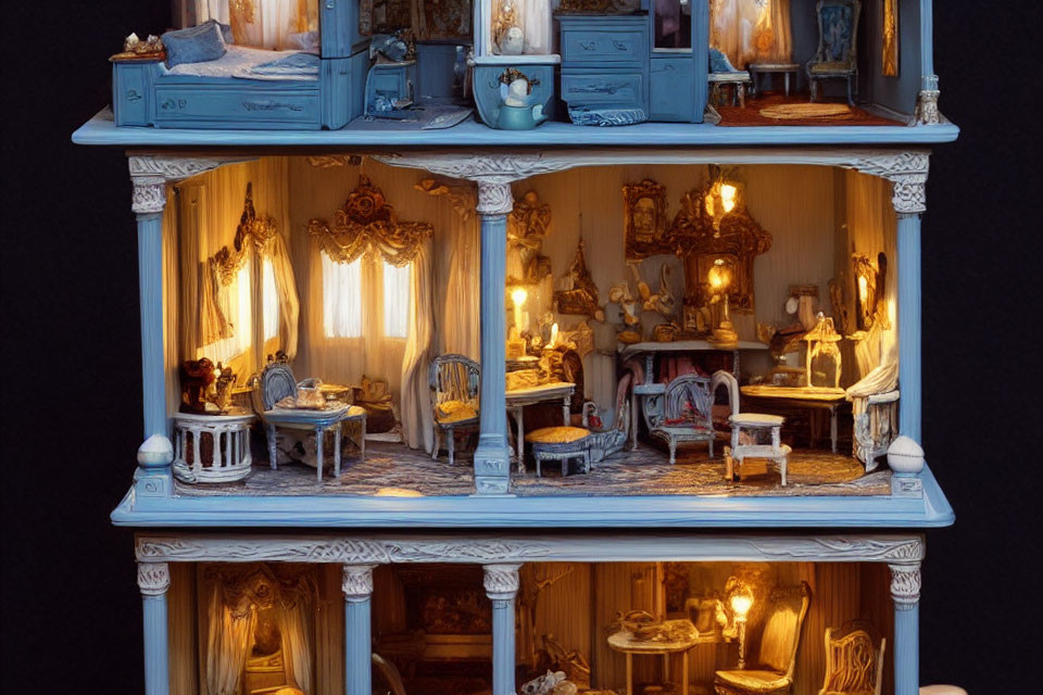 Detailed Vintage Furniture in Three-Story Dollhouse