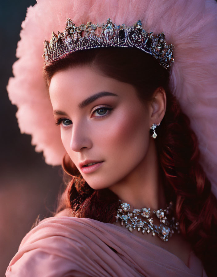 Woman with braided hairstyle, jeweled crown, pink outfit, and elegant earrings.