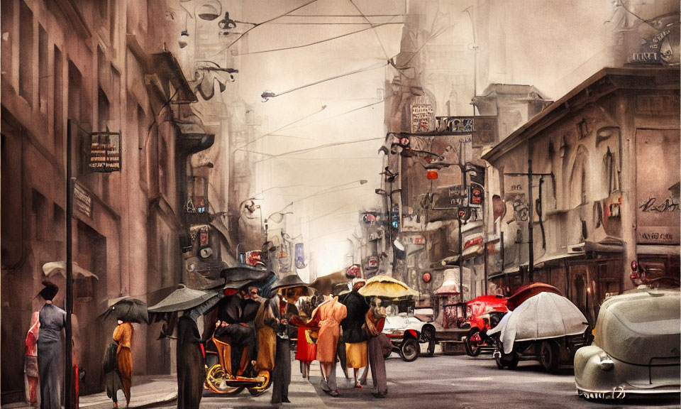 Vintage Street Scene with Classic Cars and Pedestrians in Sepia Tones