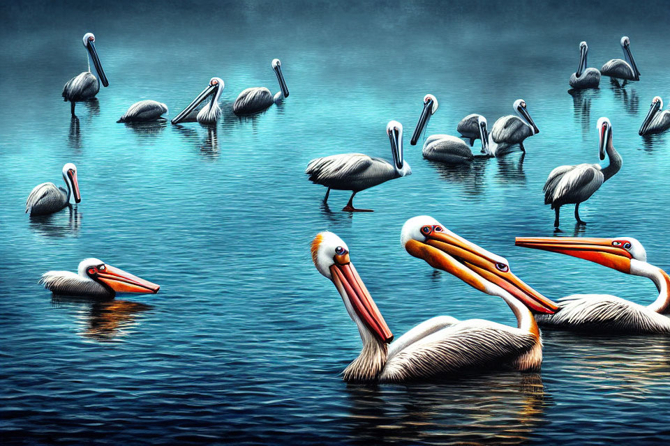 Colorful Pelicans on Serene Blue Water with Foggy Background