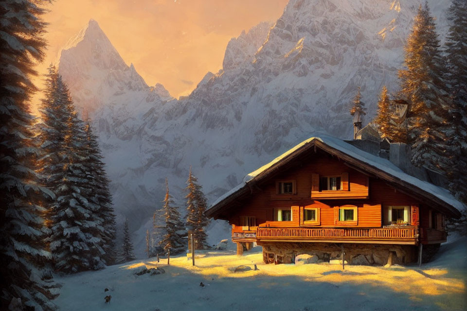 Snow-covered trees surround wooden cabin under sunlight with mountain view