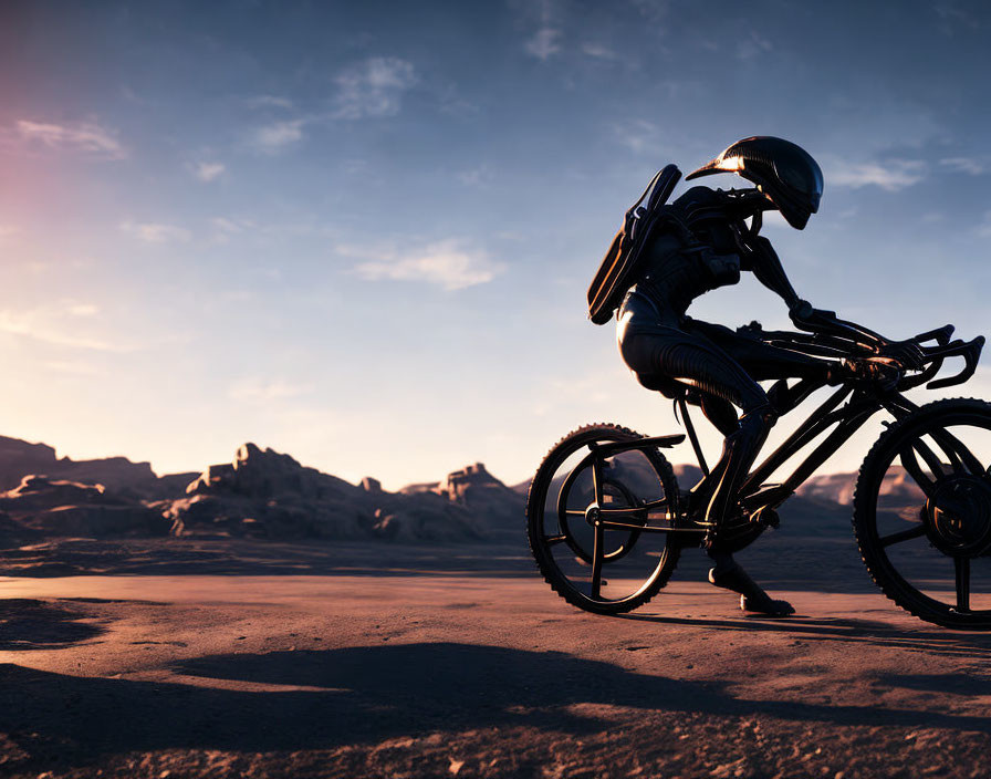 Cyclist in full-body suit rides bike in desert at sunset