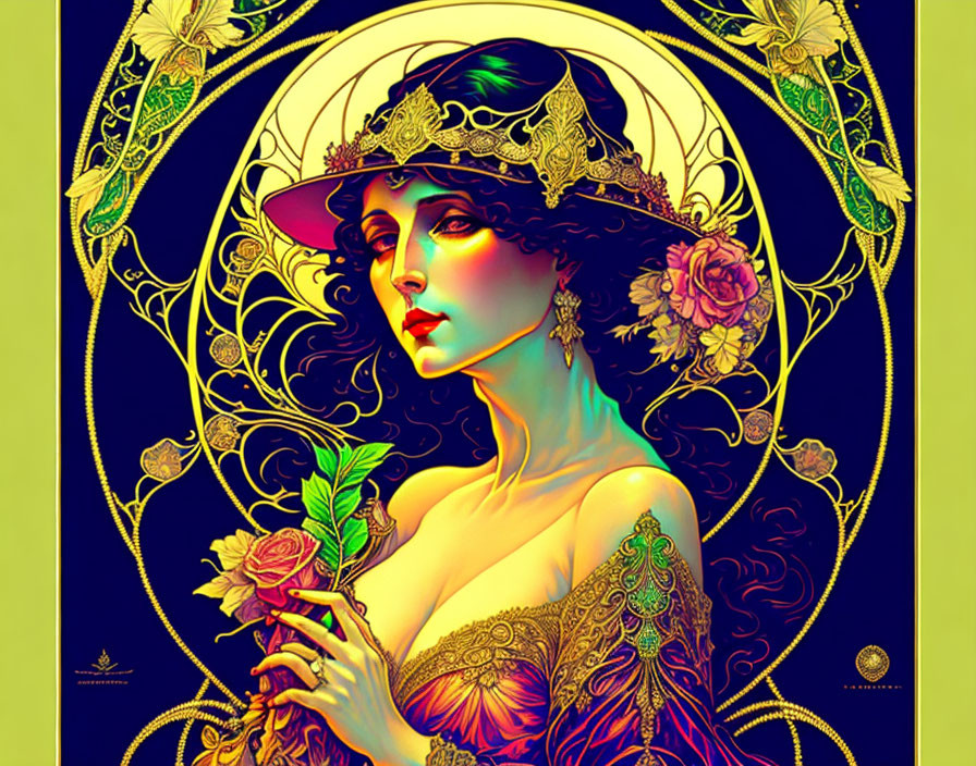 Art Nouveau Woman Illustration with Dark Hair and Rose