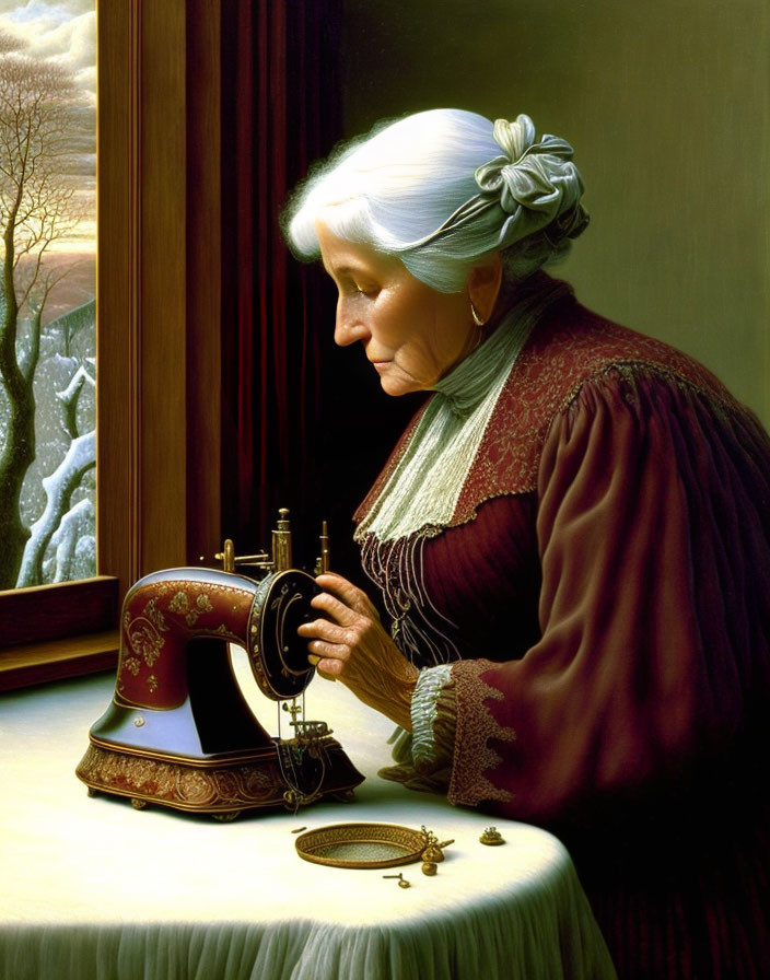 Elderly woman sewing on vintage machine with snowy landscape view