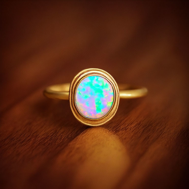 Gold Ring with Luminous Opal on Wooden Surface