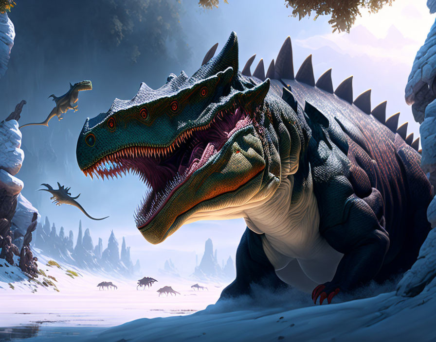 Colorful roaring dinosaur with flying and herding dinosaurs in snowy landscape