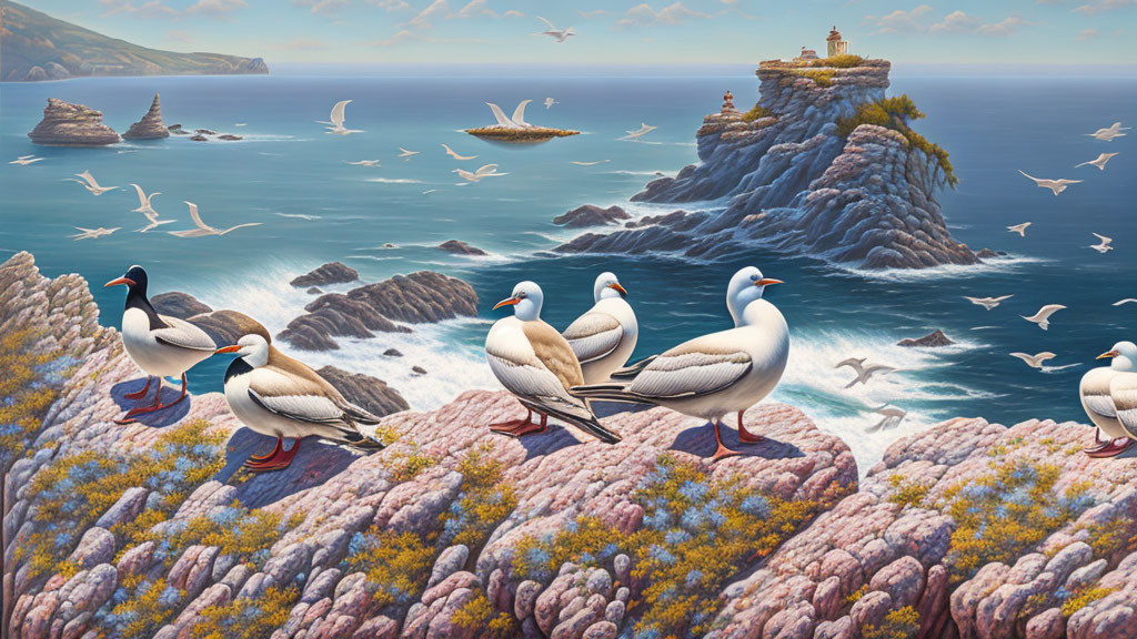 Coastal cliff scene with seabirds, lighthouse, waves, and hills