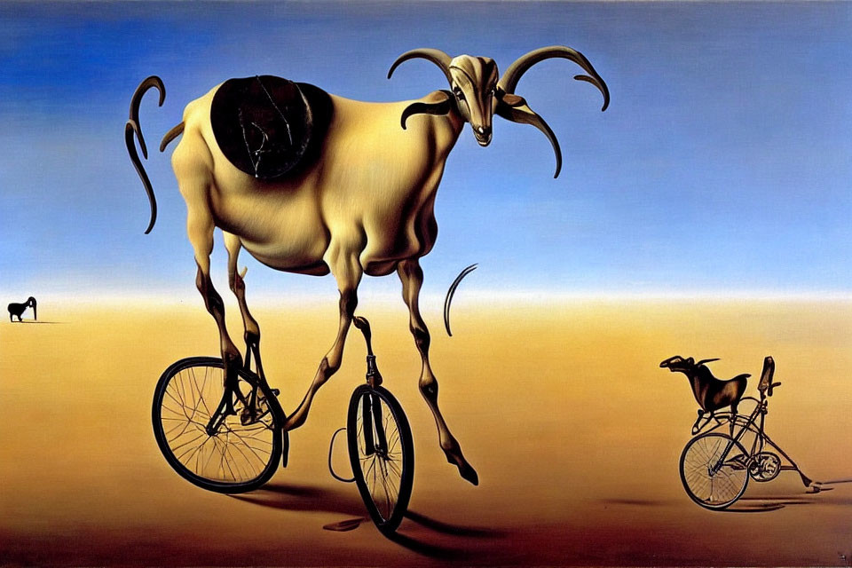 Surrealist painting: goat with bicycle wheels, disc on back, desert scene