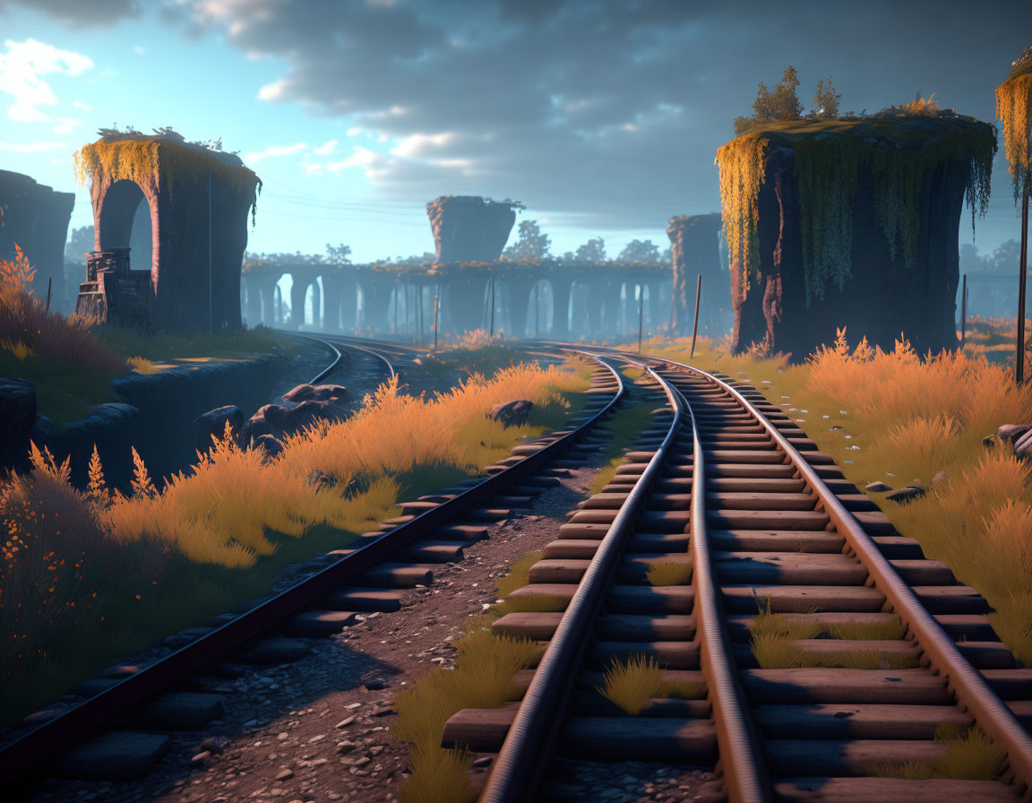 Curving railroad tracks in mystical landscape with ruins and golden grass at dusk