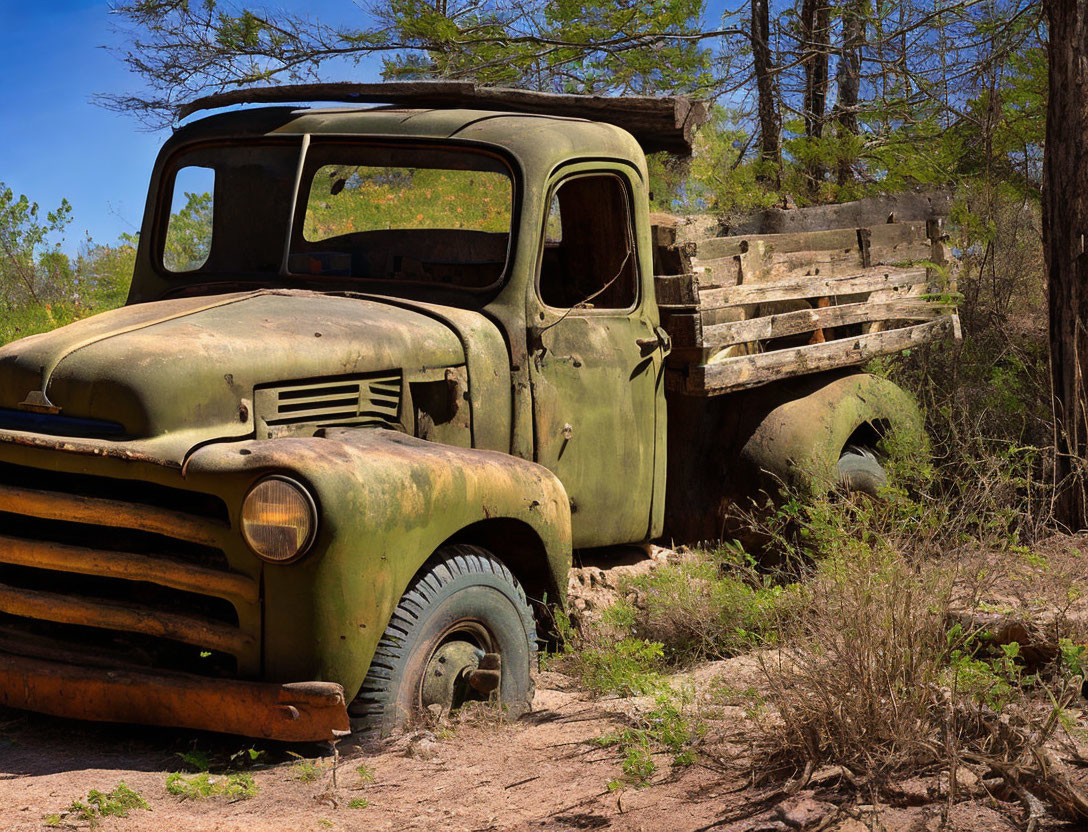 Rusted Green Pickup Truck Abandoned in Woods