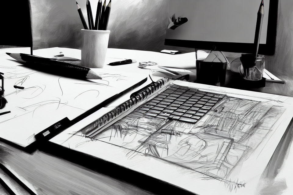 Monochrome artist's desk with sketchbook, drawing tools, digital tablet, and monitor