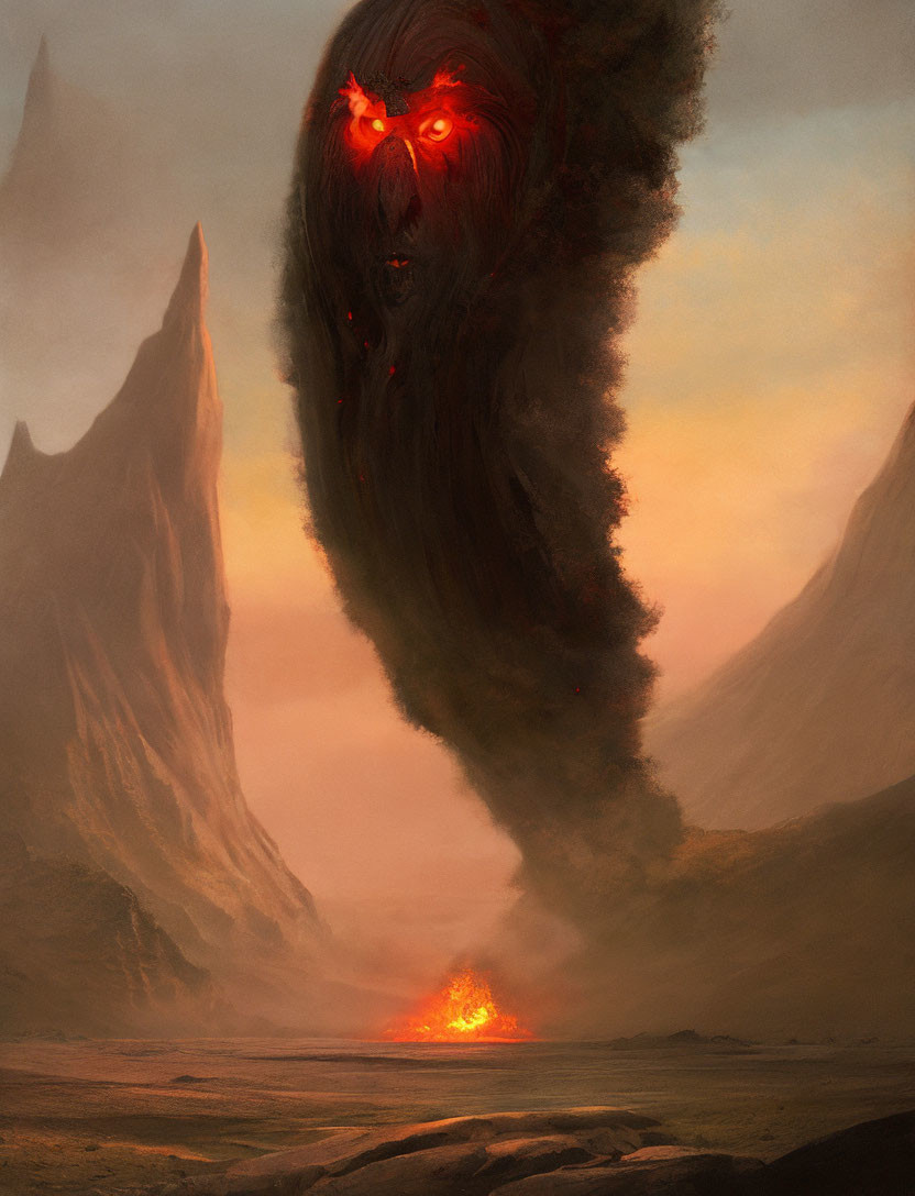 Fantastical landscape with volcanic eruption creating monstrous face in smoke