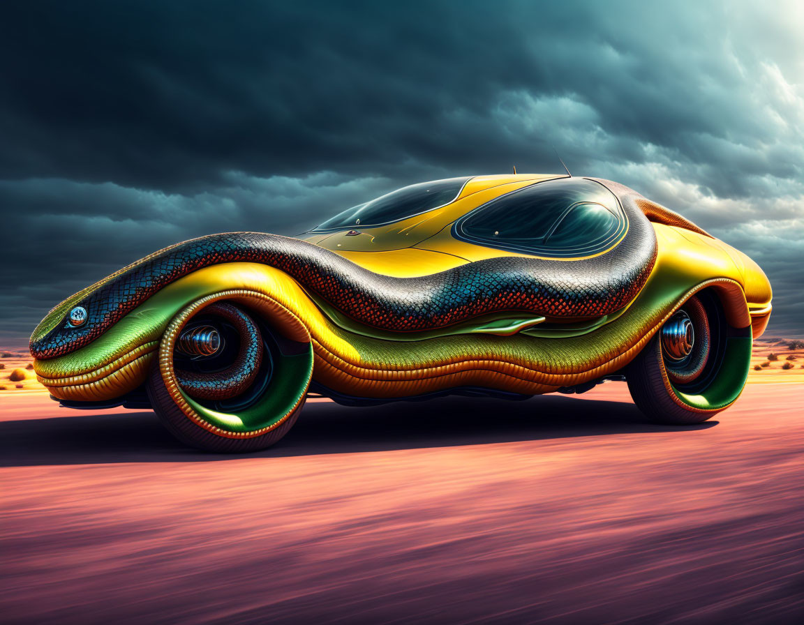 Surreal chameleon-inspired concept car with vibrant yellow and green scales against dramatic cloudy sky