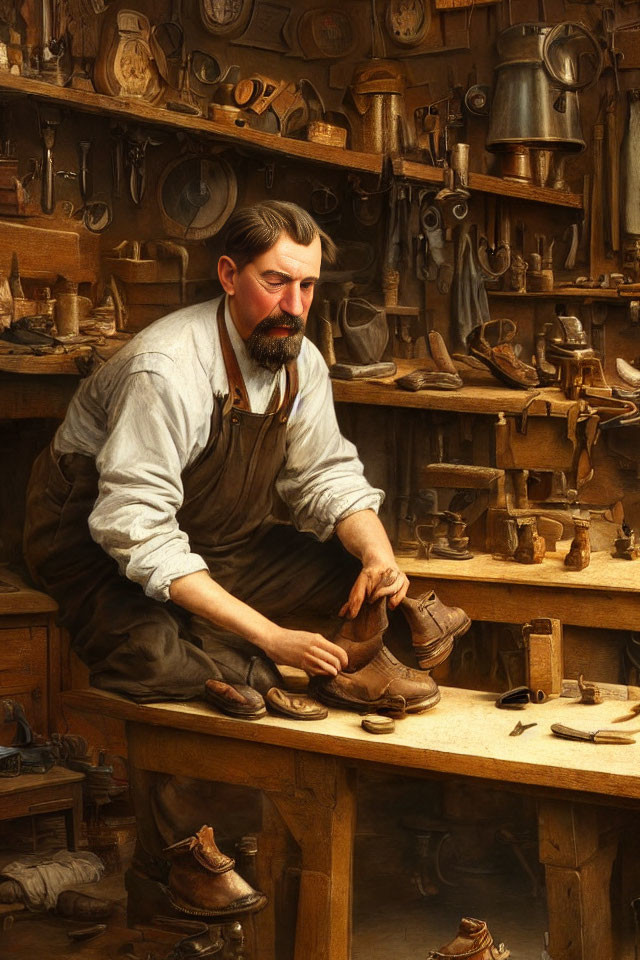 Craftsman with mustache mends shoes in cluttered workshop full of tools and leather goods