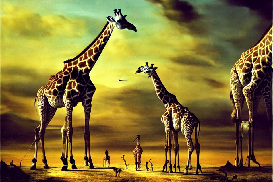 Surreal oversized giraffes in golden sunset with small figures