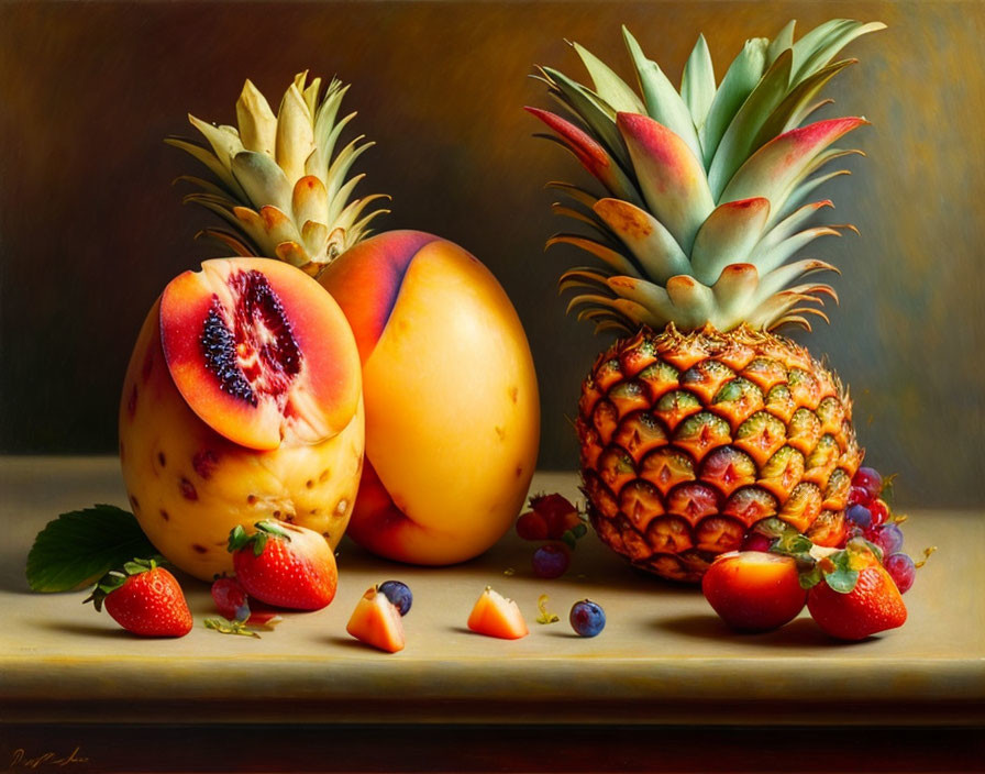 Ripe fruits still life painting with peach, strawberries, papaya, blueberries, and pineapple on