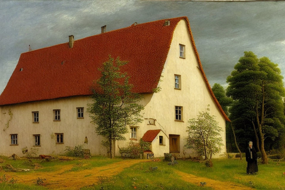 White farmhouse with red roof in green landscape under cloudy sky and figure in black.